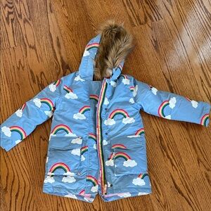 Boden Blue Jacket with Rainbow and Fur Hood 7-8Y